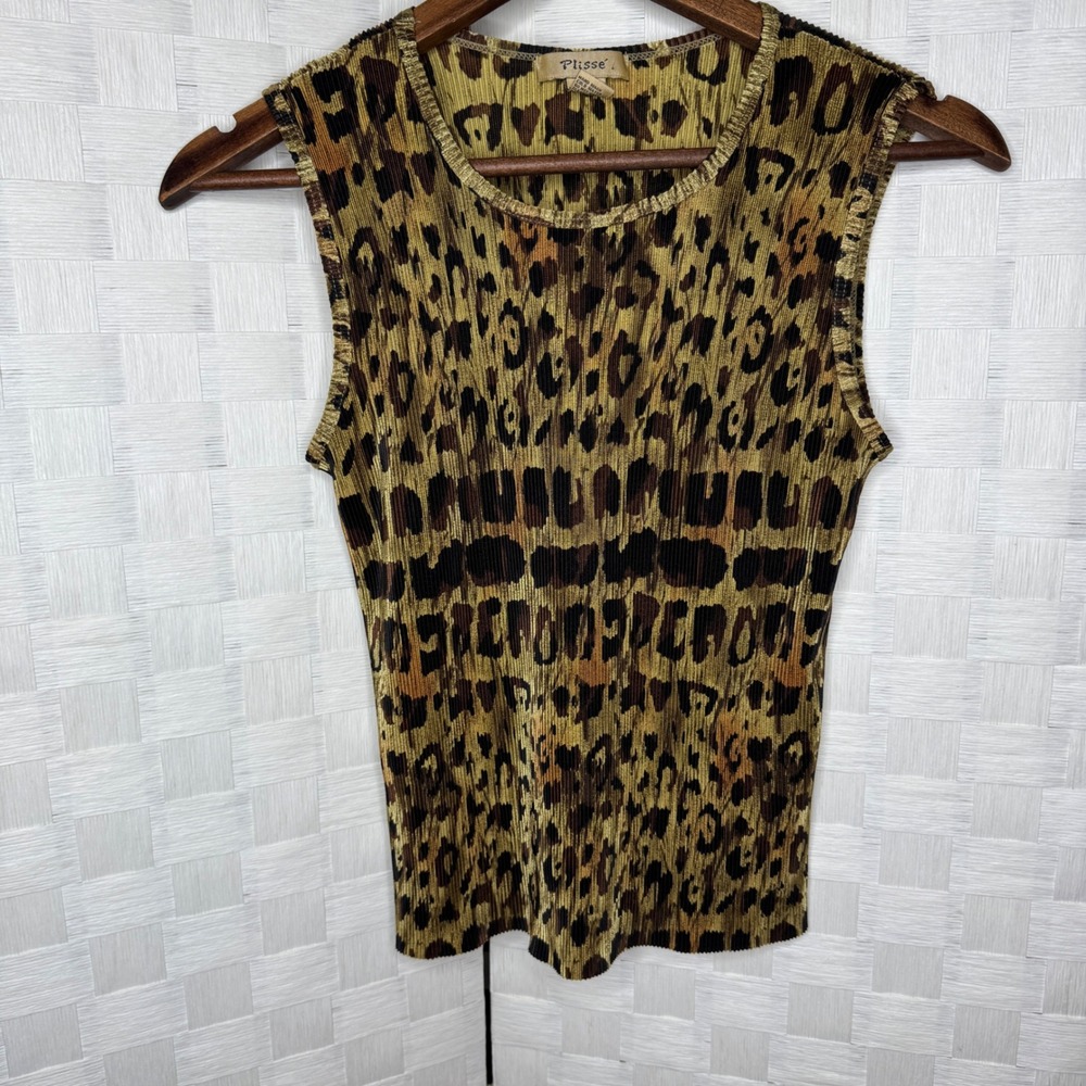Vintage Y2K Plisse Leopard Print Sleeveless Top Brown Tan Micro Pleated Small